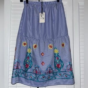 Magic Blue Striped Maxi Skirt with Floral Embroidery